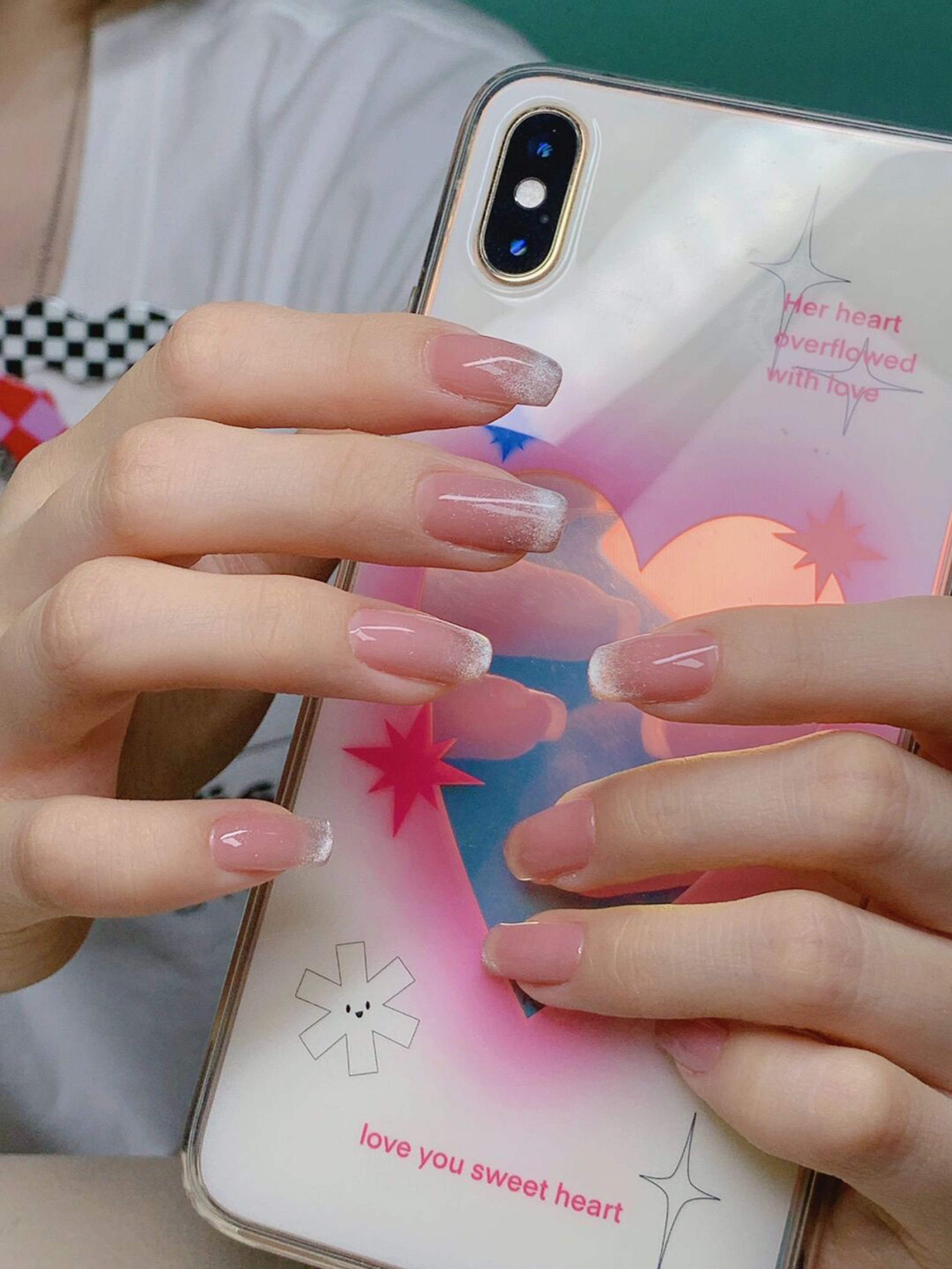 White and Nude Ombre Square Nails shown as a nail art design with white, nude, ombre, elegant, square and medium details.