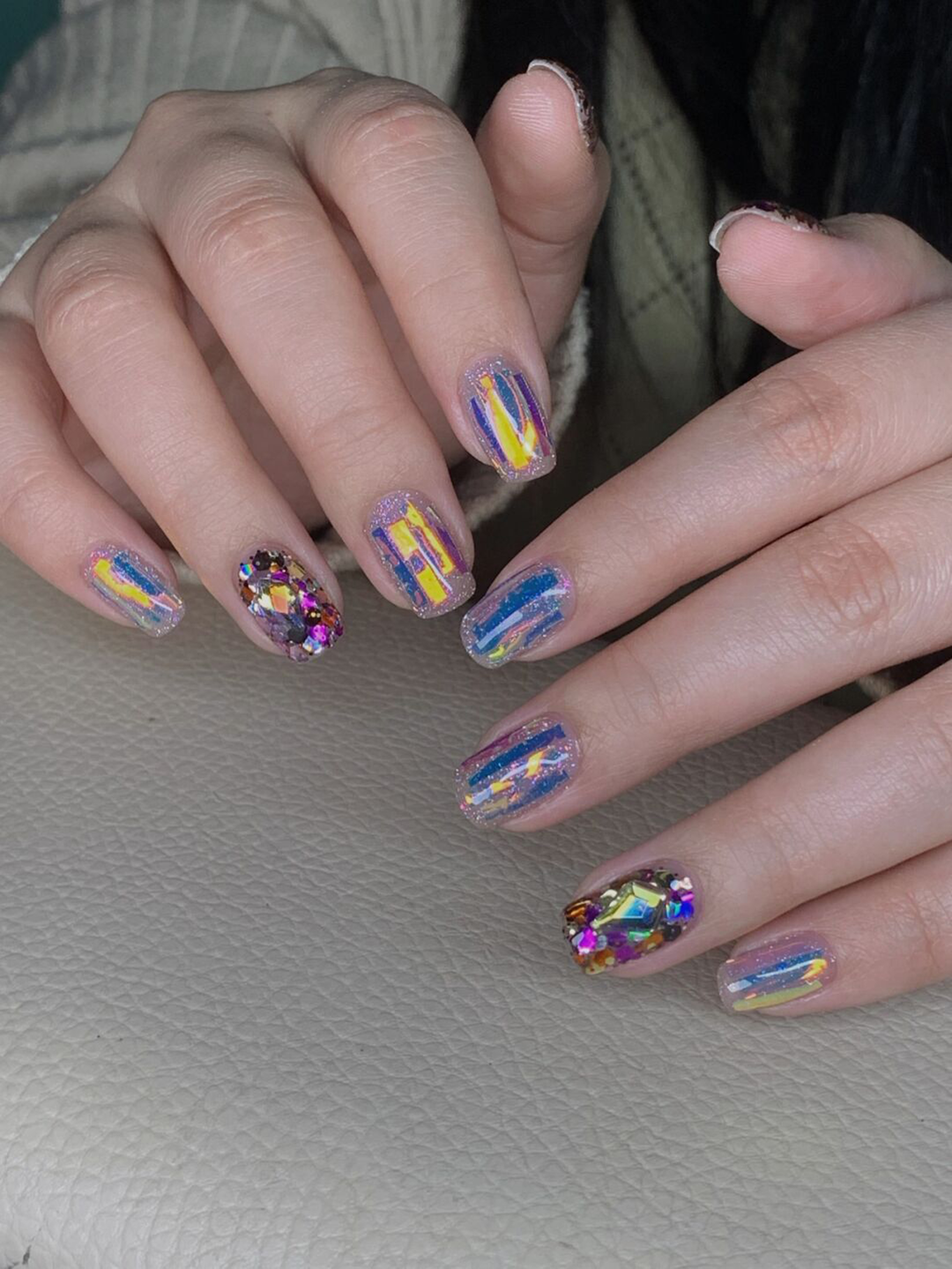 Silver, Purple and Blue Chrome Short Square Nails shown as a nail art design with silver, purple, blue, chrome, 3d, square and short details.