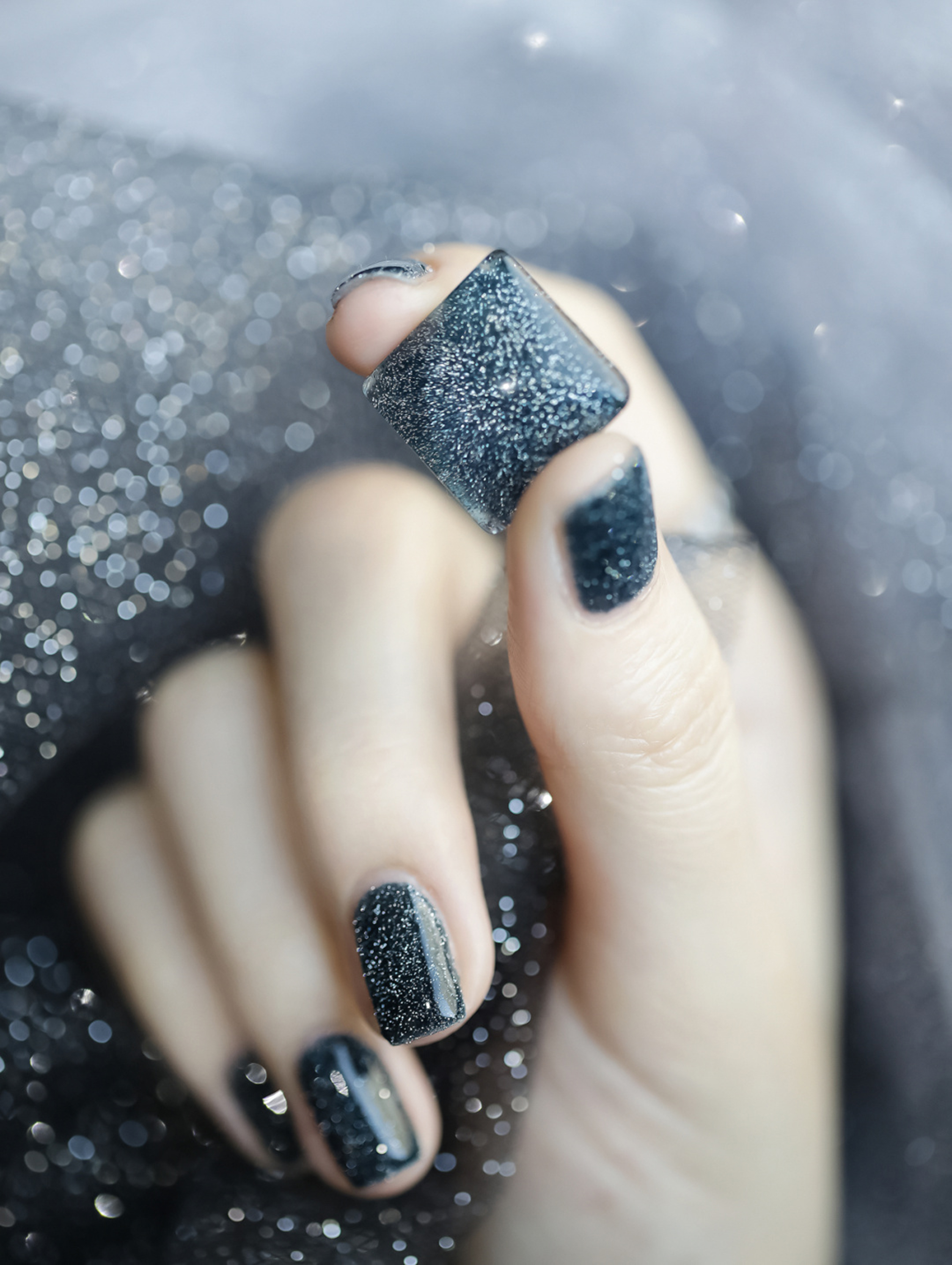 Black Glitter Short Square Nails shown as a nail art design with black, glitter, square and short details.