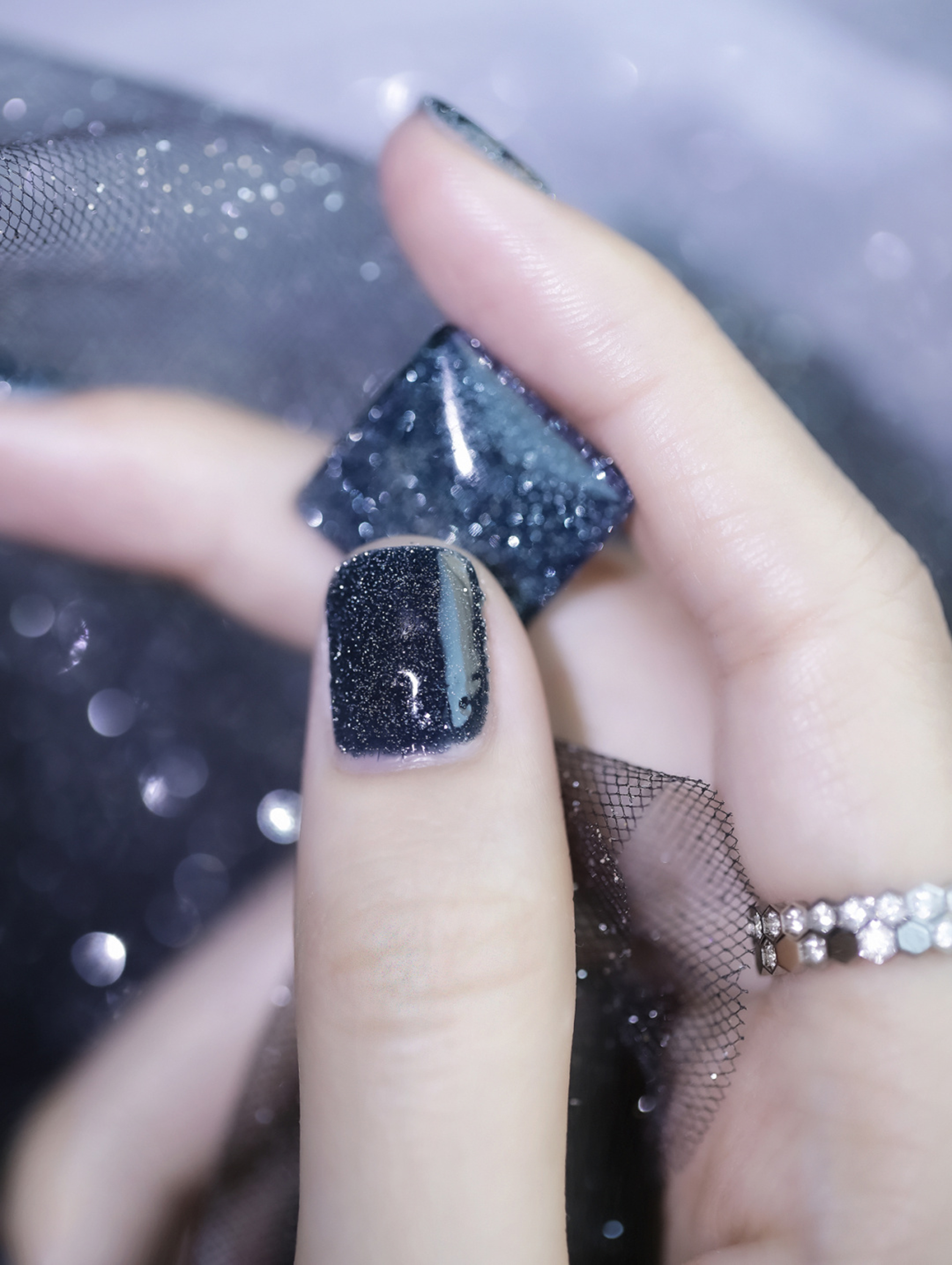 Black Glitter Short Square Nails shown as a nail art design with black, glitter, square and short details.
