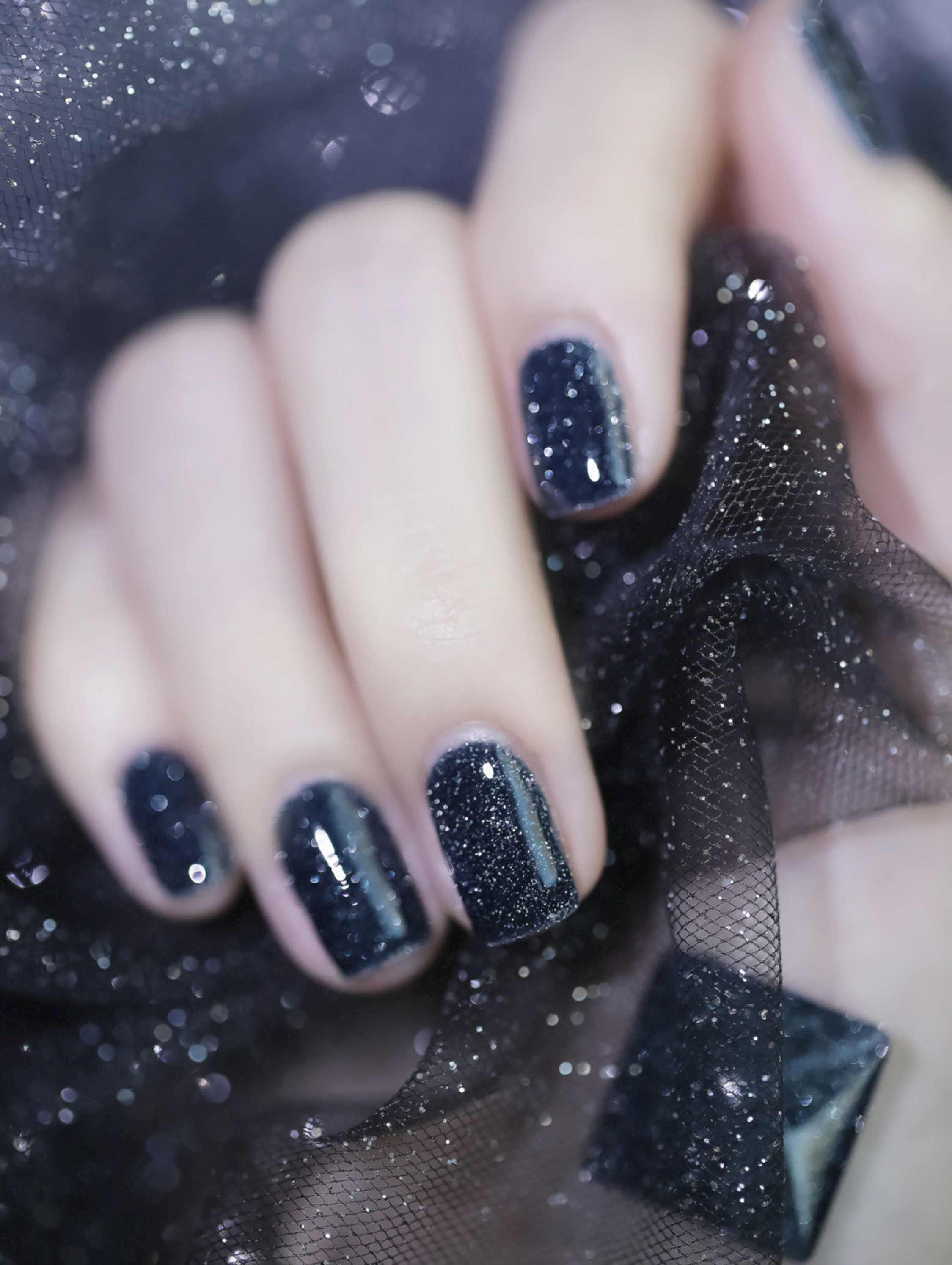 Black Glitter Short Square Nails shown as a nail art design with black, glitter, square and short details.