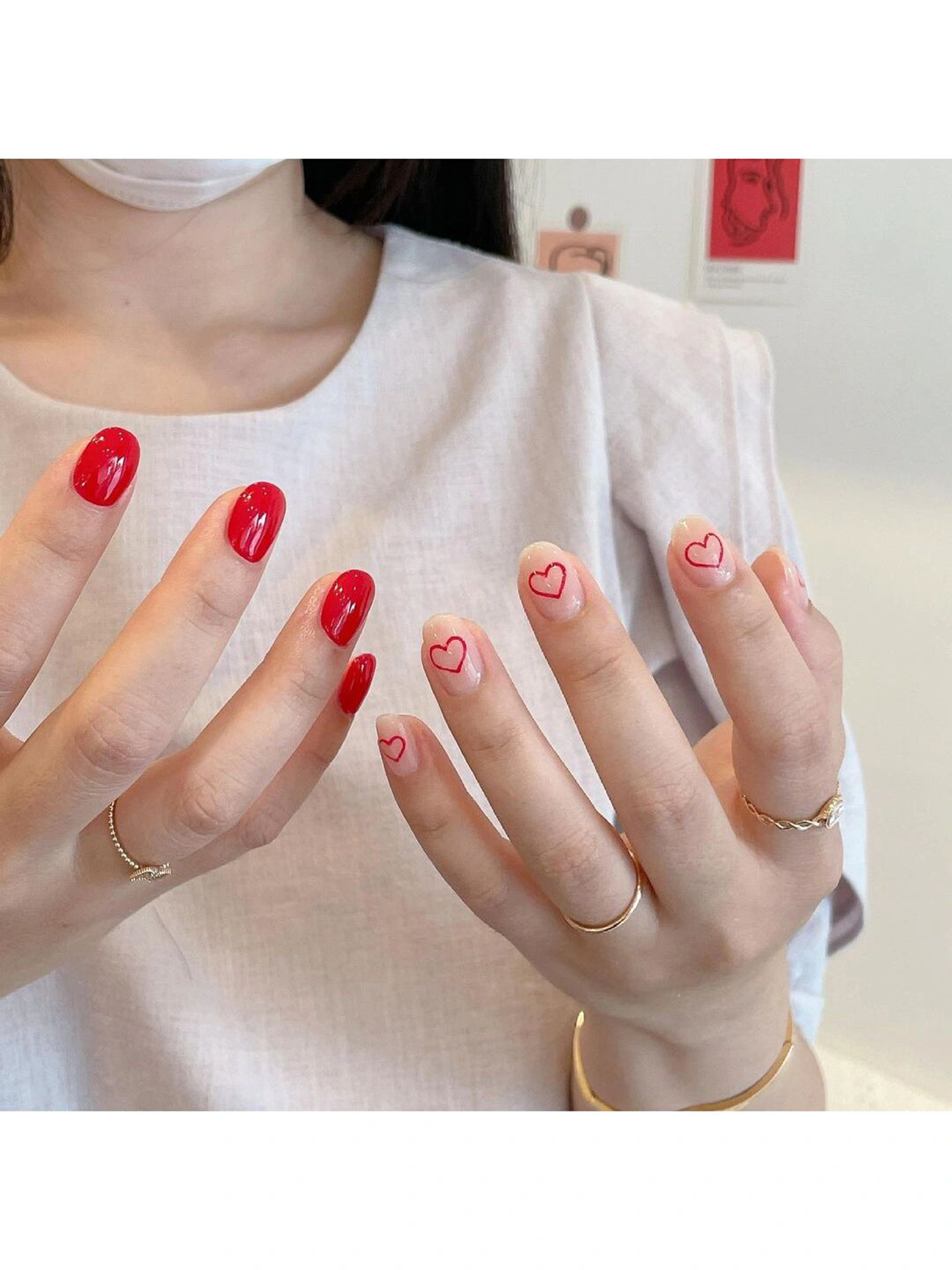 Red Heart Short Square Nails shown as a nail art design with red, cute, heart, square and short details.