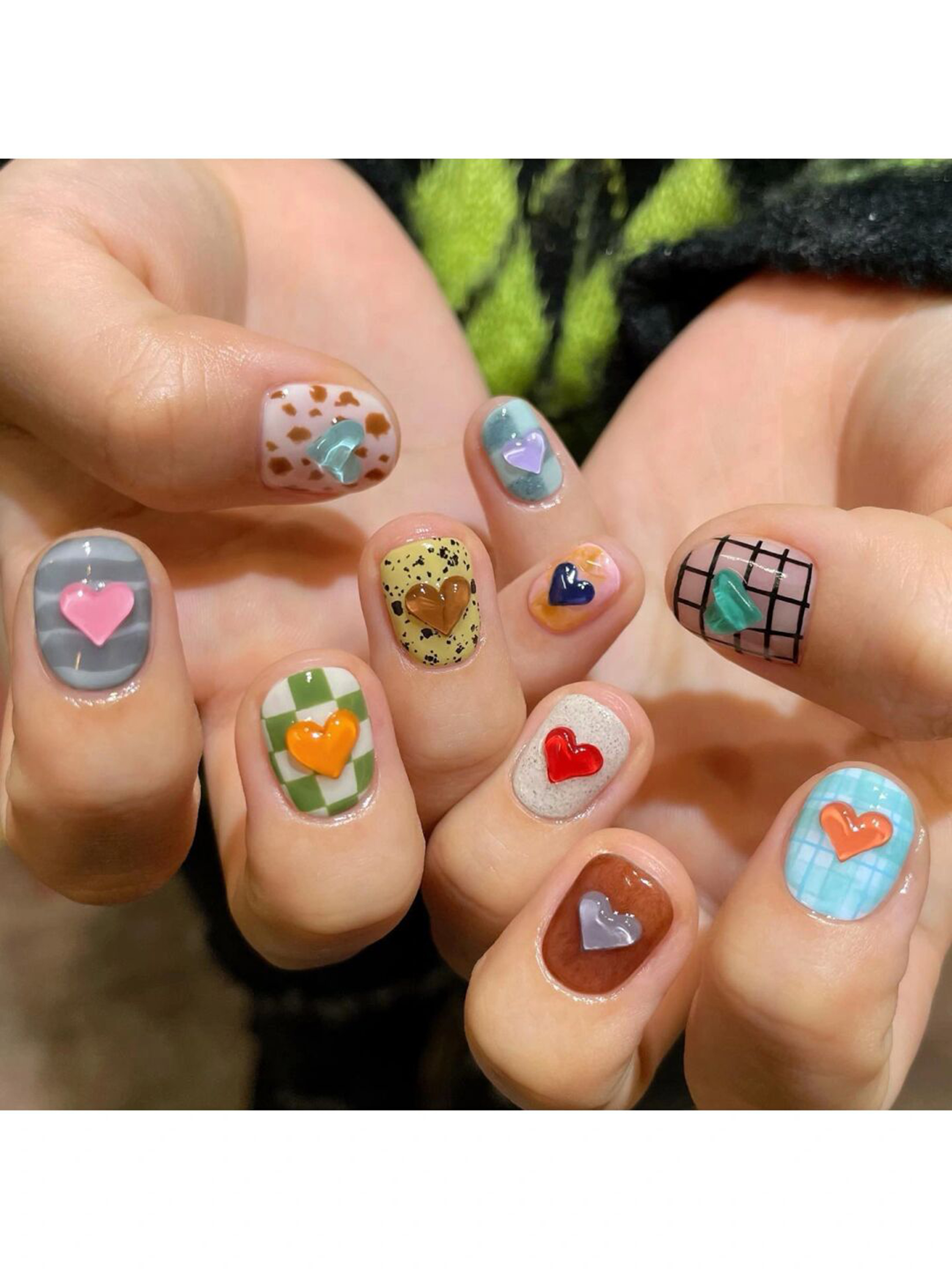 Colorful 3D Heart Short Round Nails with blue, brown, red, 3d, cute, aesthetic, heart, checkerboard, animal print, round and short details.