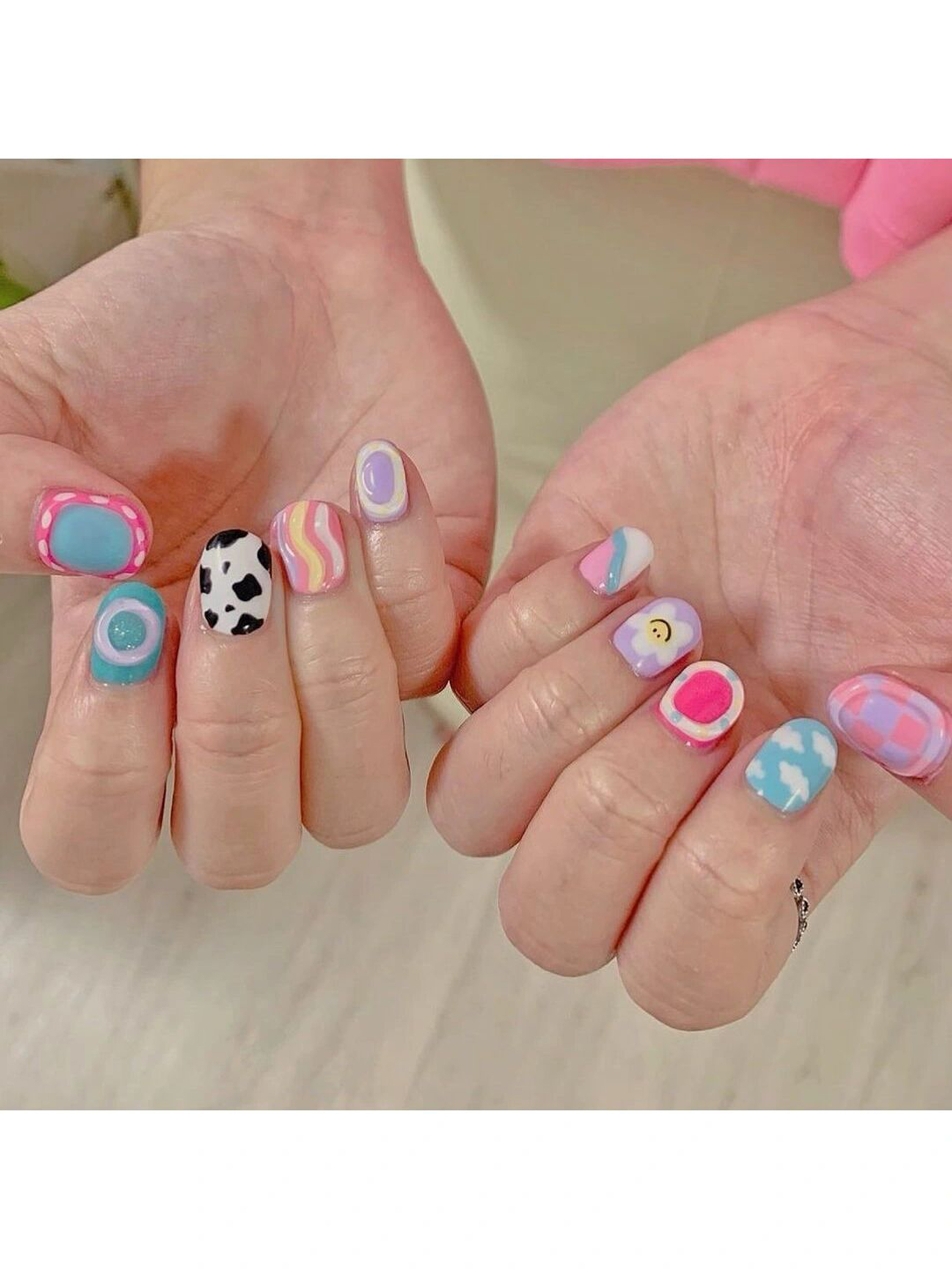 Pastel Cow Print Short Square Nails with pink, blue, purple, abstract, cute, y2k, cow print, wave, polka dot, square and short details.