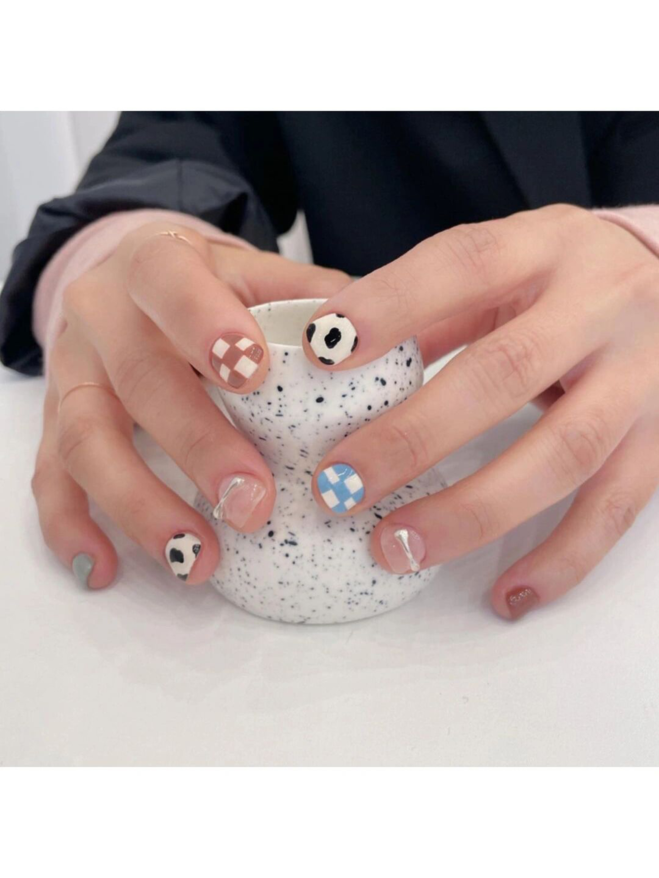 White and Brown Checkerboard Short Square Nails shown as a nail art design with white, brown, cute, gel, heart, checkerboard, square and short details.