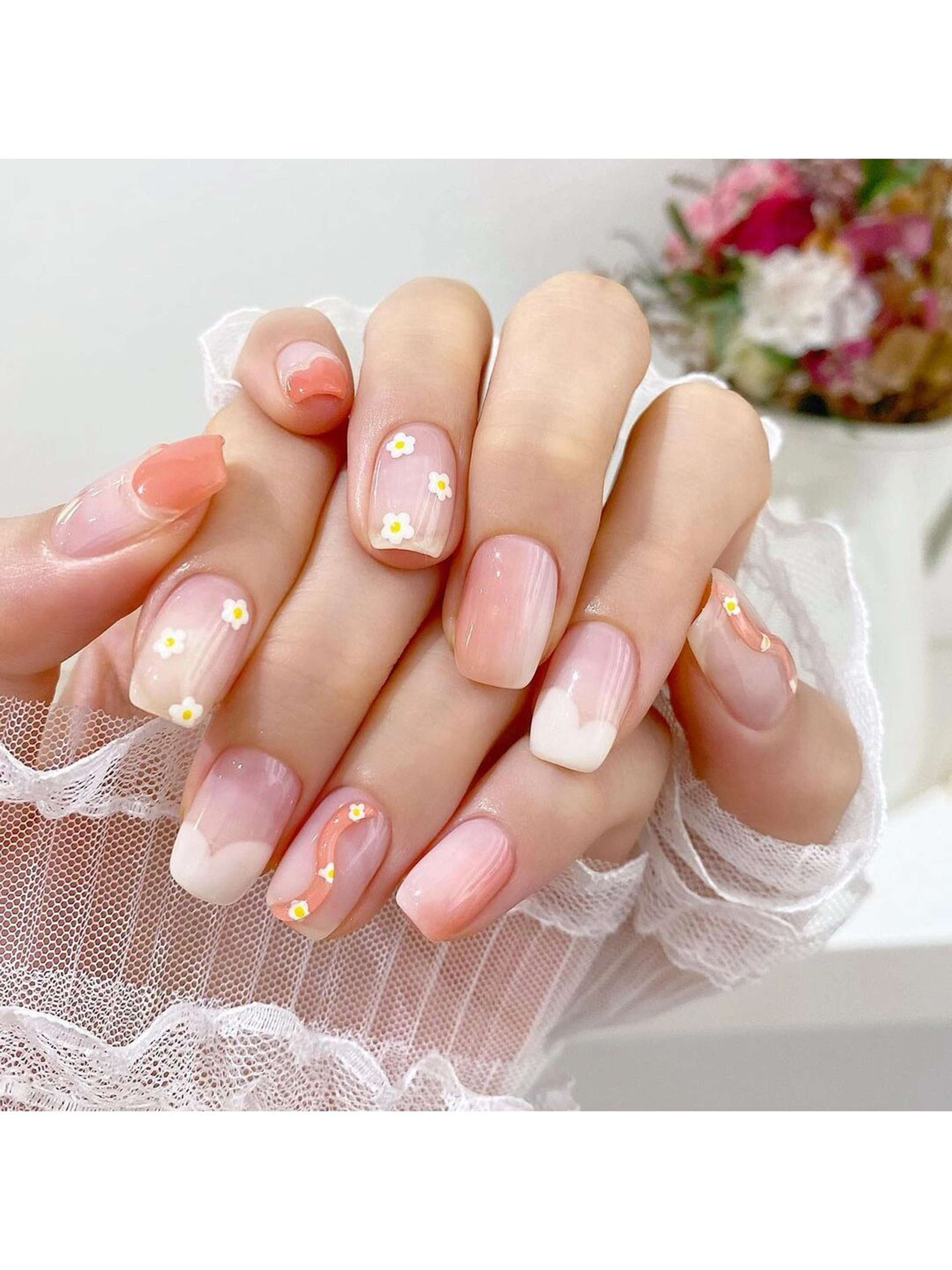 Pink Floral Short Round Nails shown as a nail art design with pink, floral, cute, flower, round and short details.