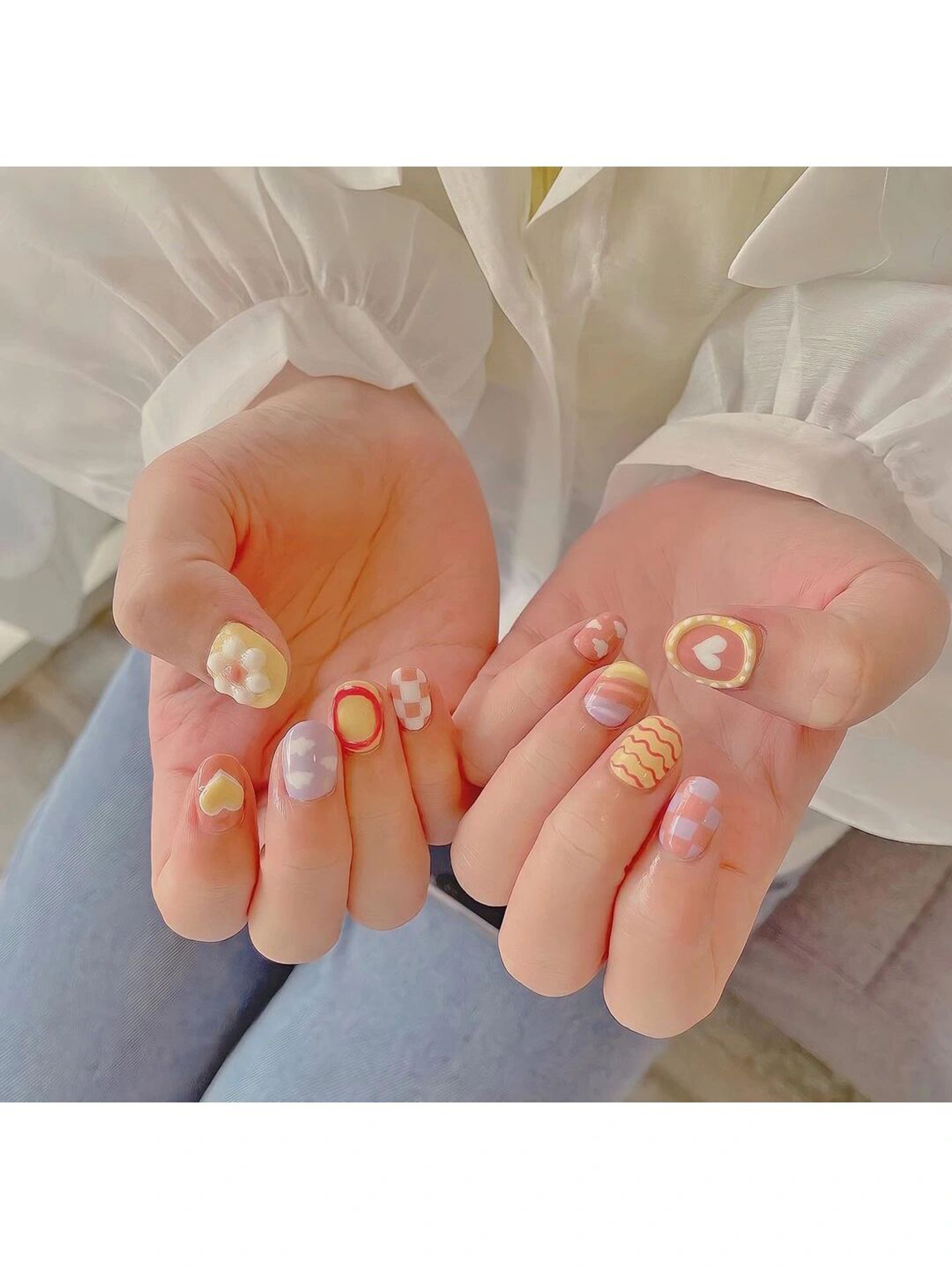 Nude Heart Short Round Nails shown as a nail art design with nude, cute, heart, round and short details.