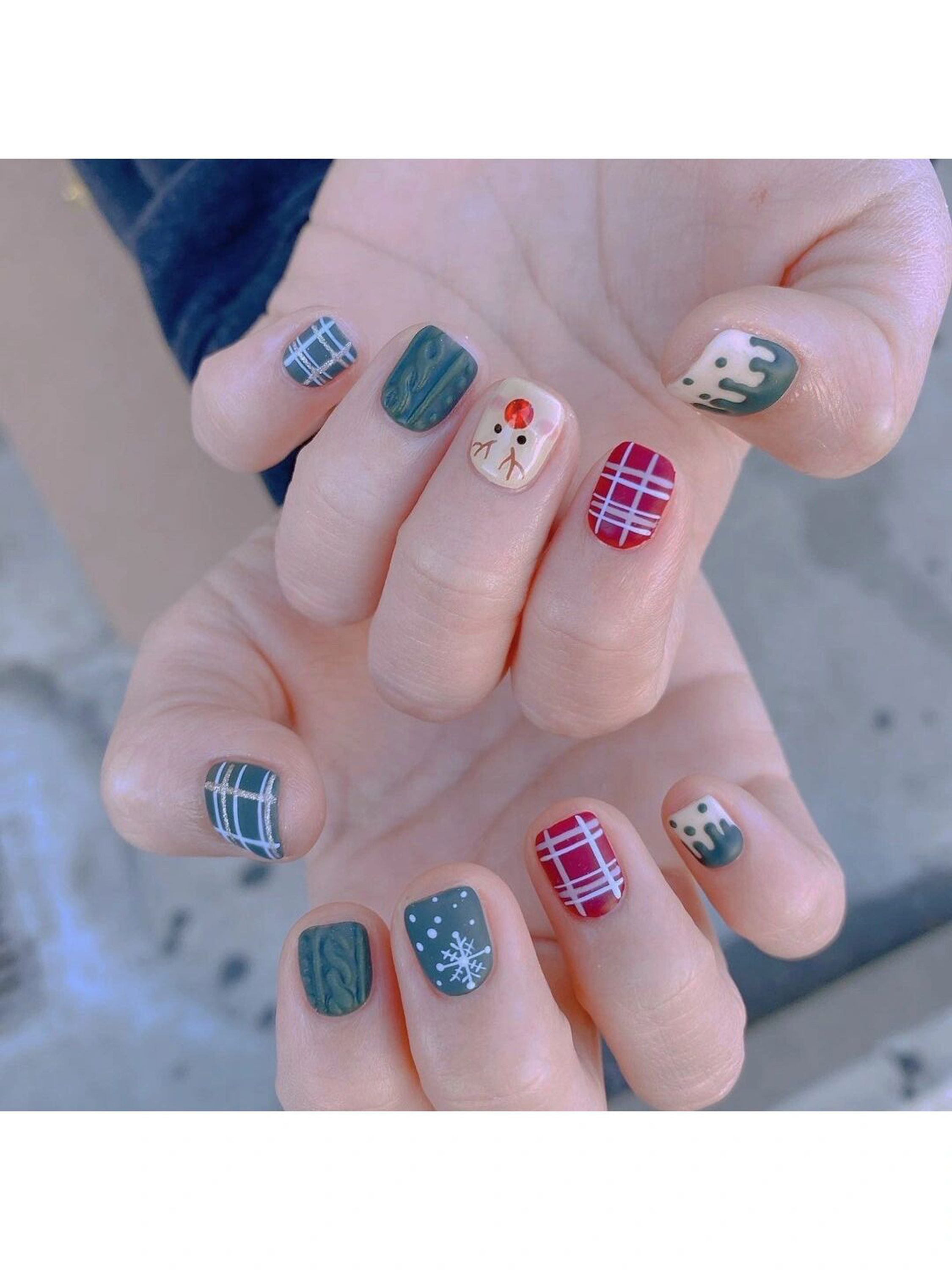 Green, Red and Blue Checkerboard Short Square Nails shown as a nail art design with green, red, blue, cute, checkerboard, square and short details.