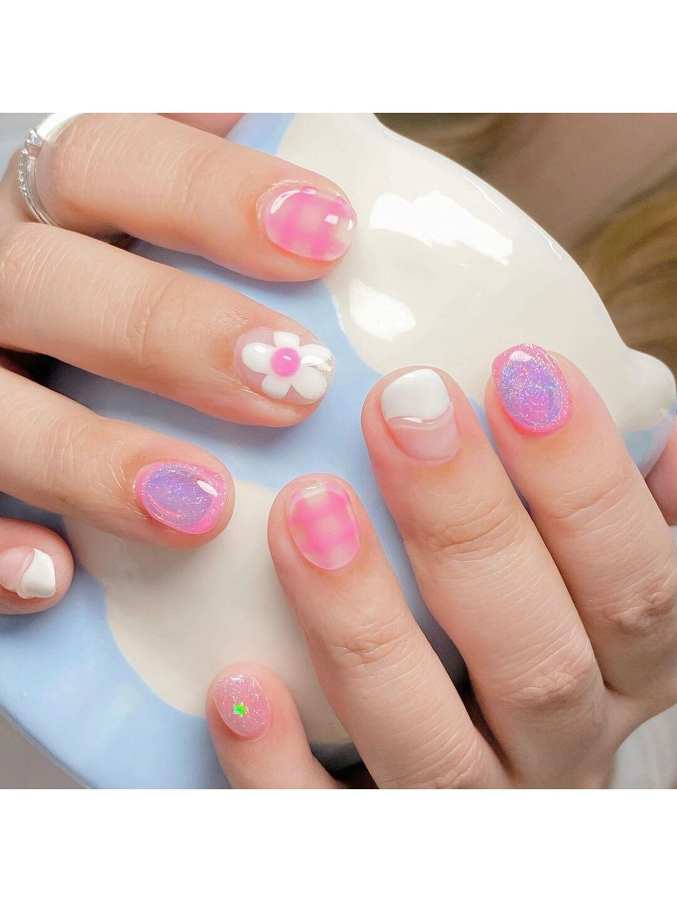 Pastel, Pink and Purple Floral Short Square Nails shown as a nail art design with pastel, pink, purple, cute, floral, flower, square and short details.