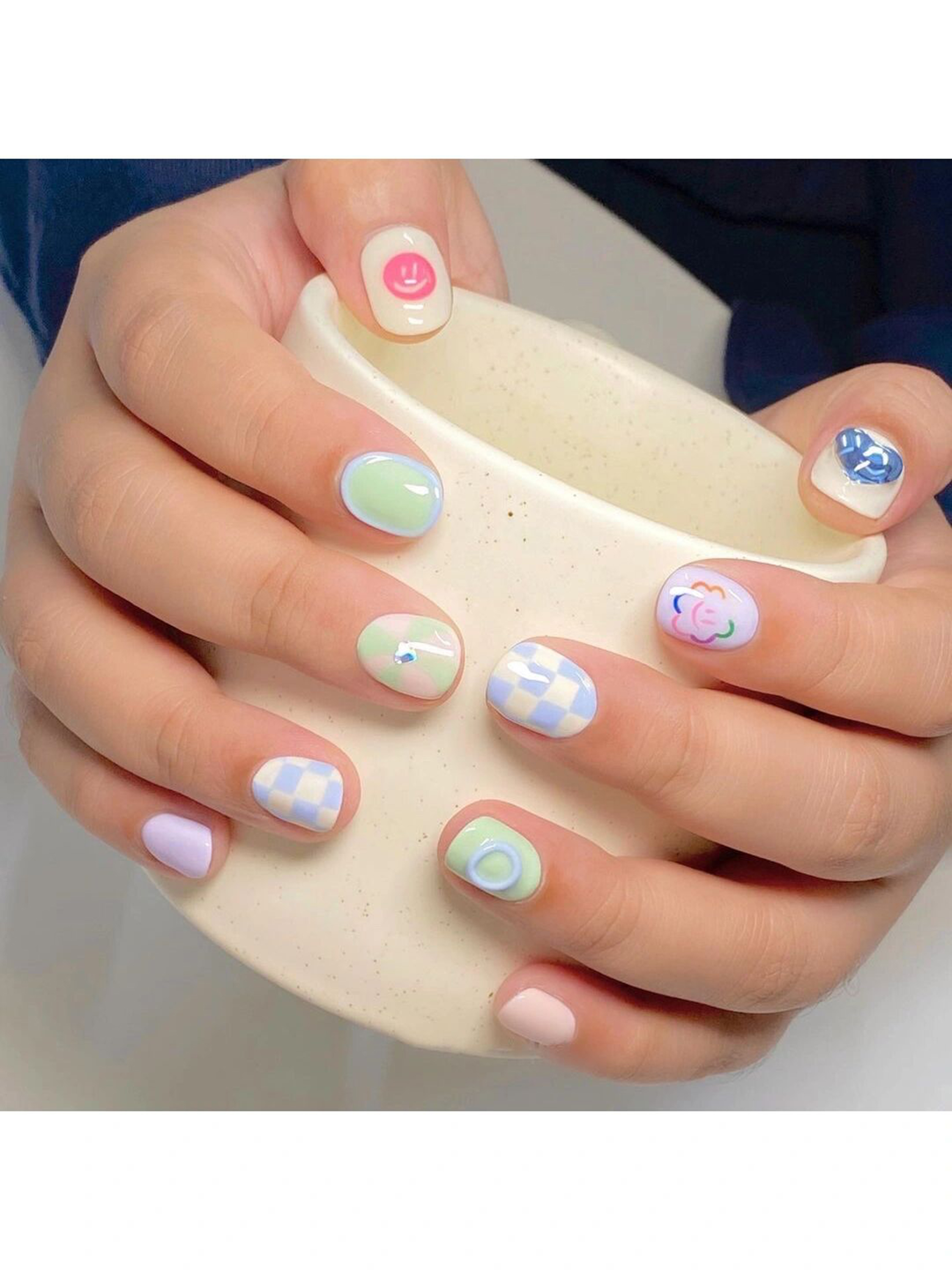 Pastel, Pink and Blue Polka Dot Short Round Nails shown as a nail art design with pastel, pink, blue, cute, simple, polka dot, round and short details.
