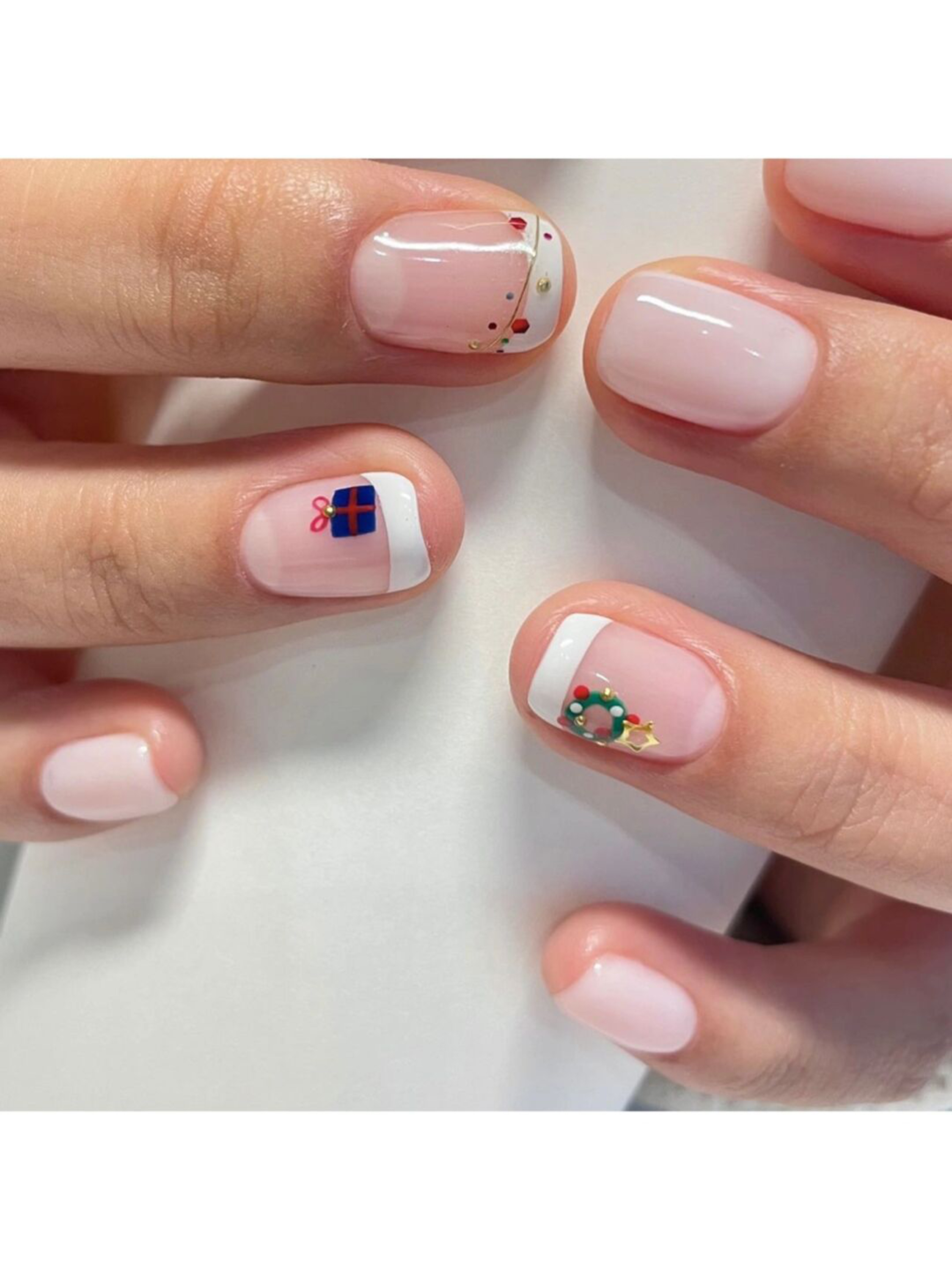 White and Red French Tip Short Nails shown as a nail art design with white, red, french, cute and short details.