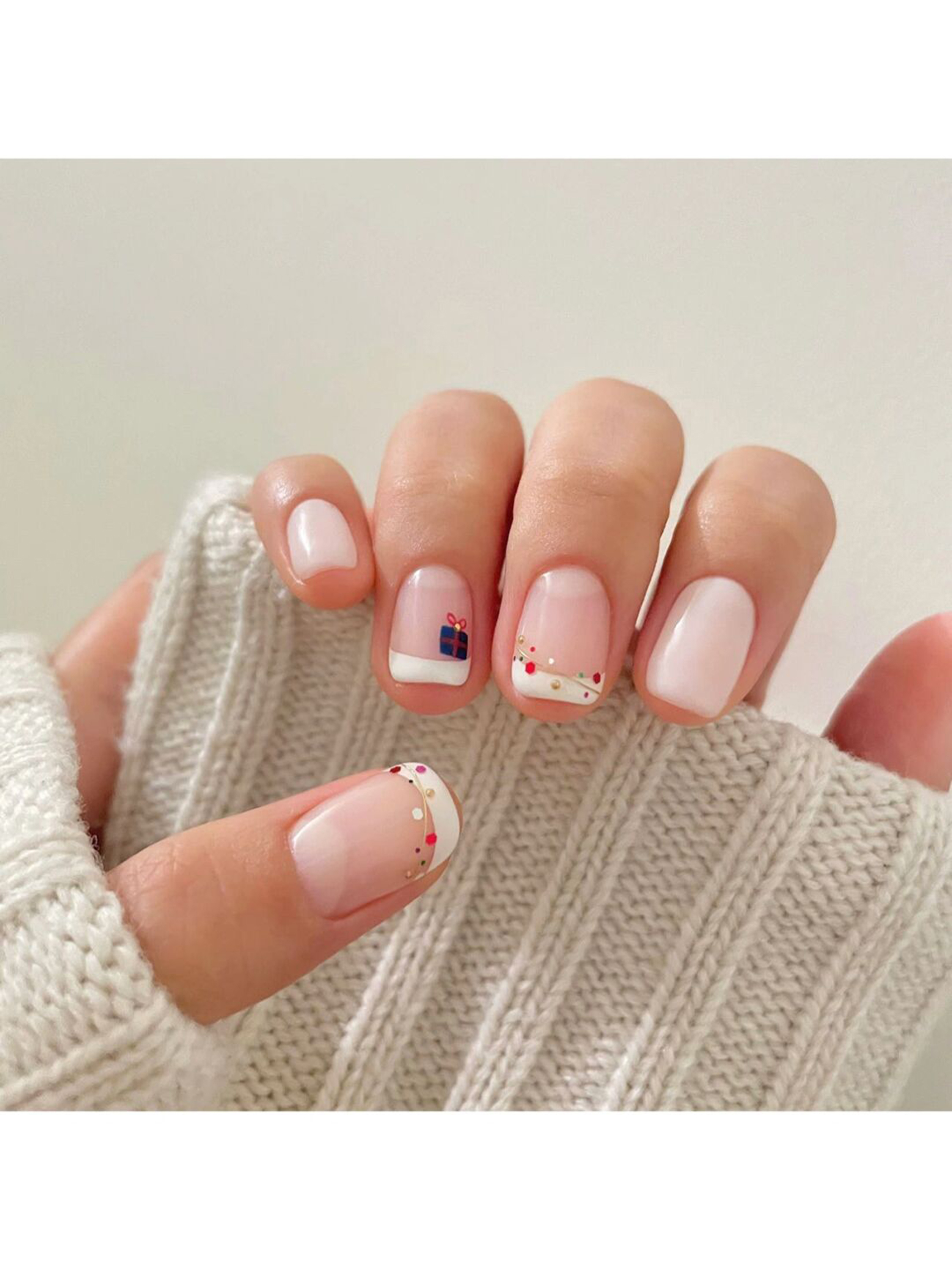 White, Pink and Red Polka Dot Short Square Nails shown as a nail art design with white, pink, red, french, cute, polka dot, bow, square and short details.