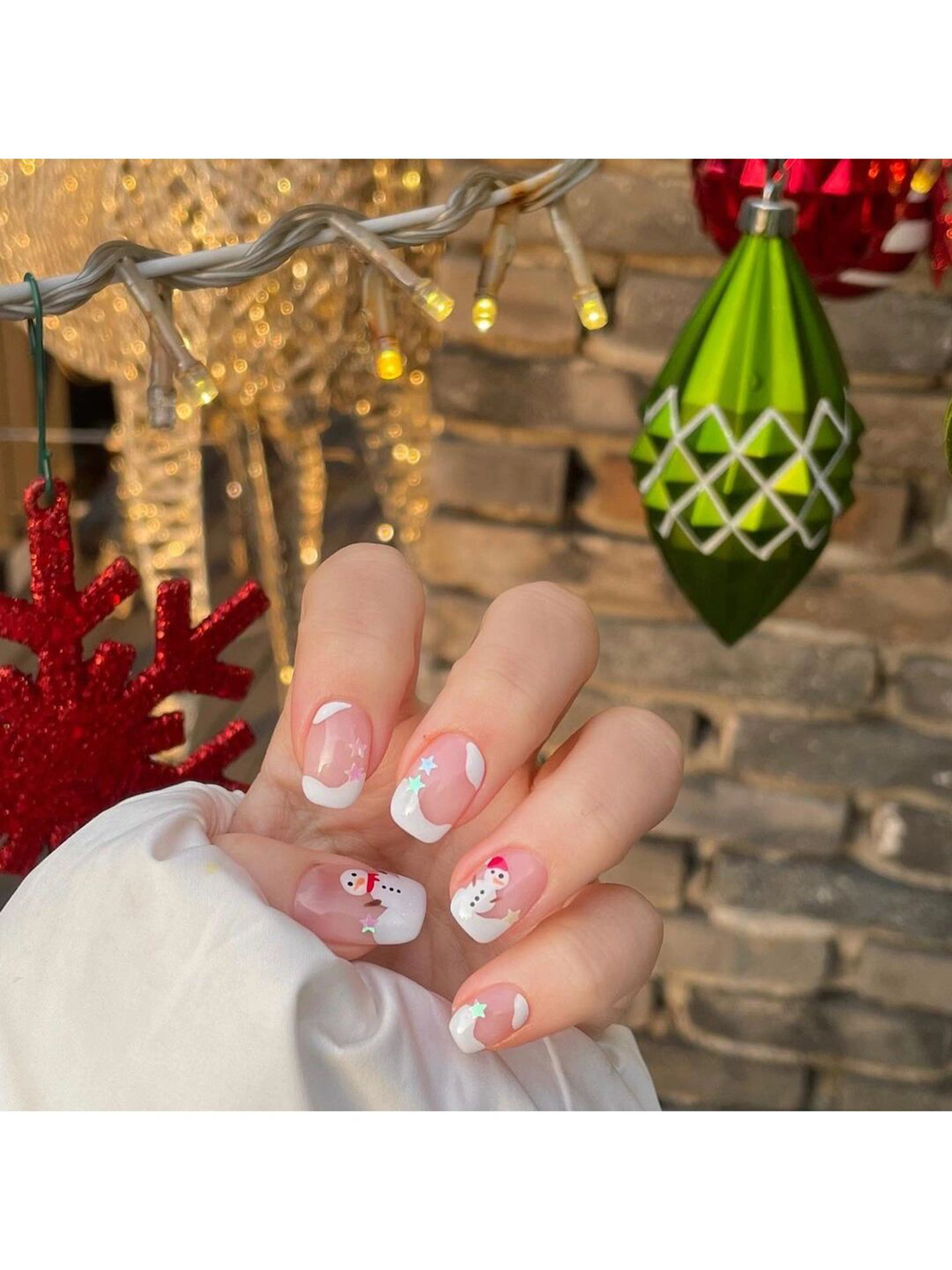 Pink White Christmas Medium Square Nails with pink, white, red, french, cute, star, square and medium details.