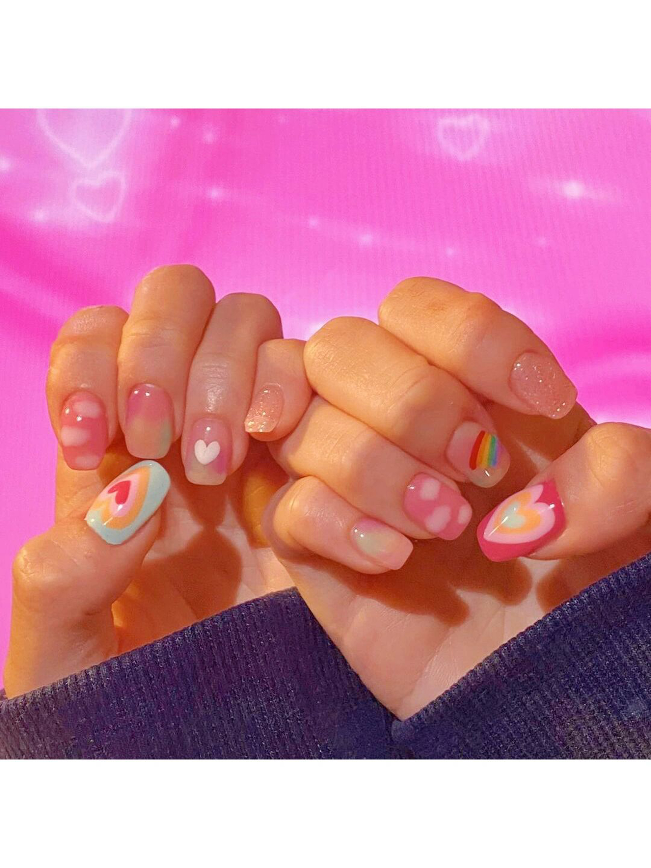 Pink, Red and White Heart Round Nails shown as a nail art design with pink, red, white, cute, aesthetic, heart, round and medium details.