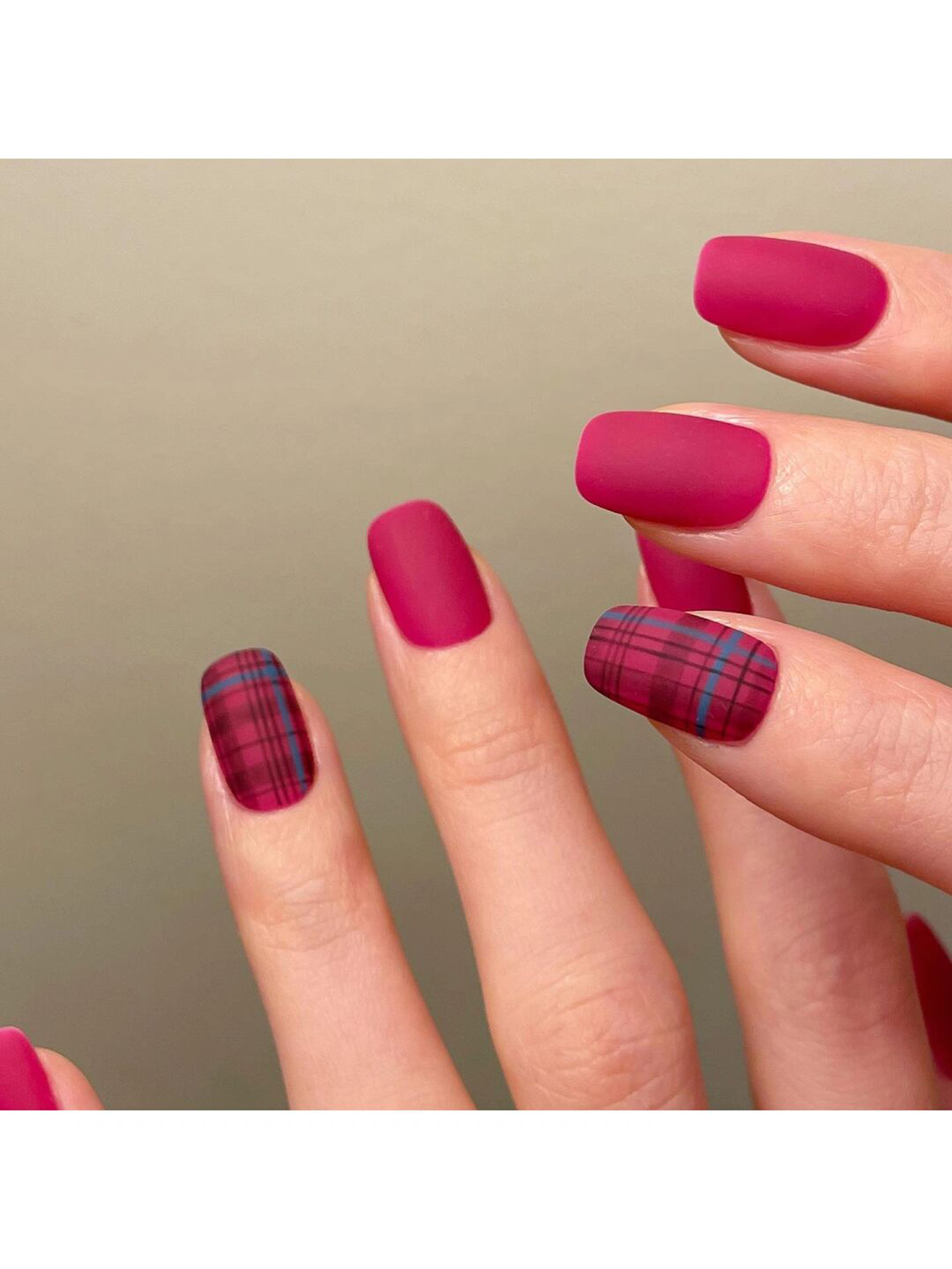 Burgundy, Black and Blue Checkerboard Square Nails shown as a nail art design with burgundy, black, blue, minimal, checkerboard, square and medium details.