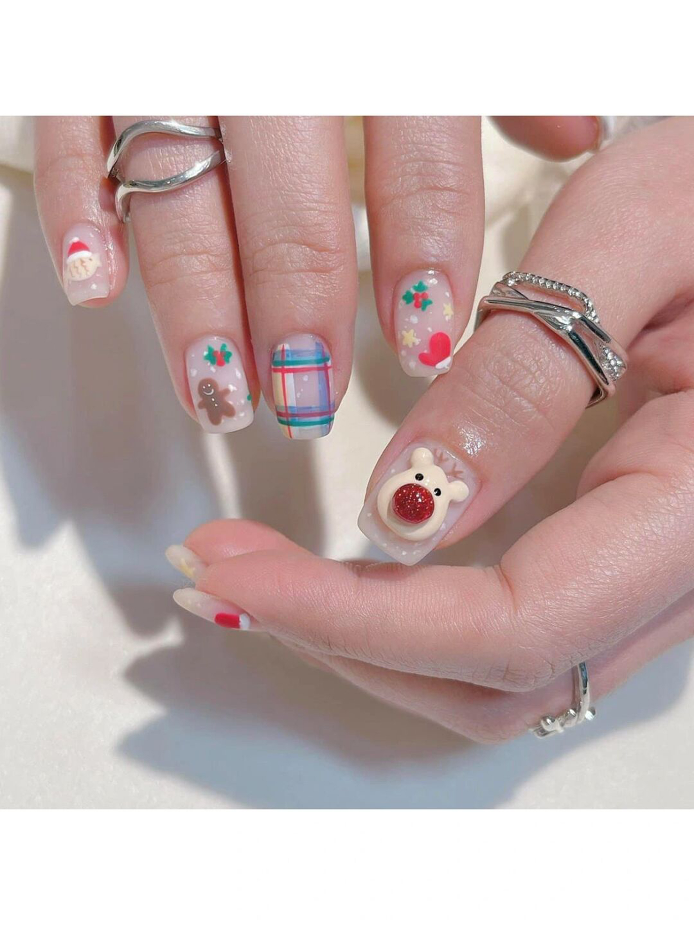 Red, White and Blue Heart Short Square Nails shown as a nail art design with red, white, blue, 3d, cute, heart, square and short details.