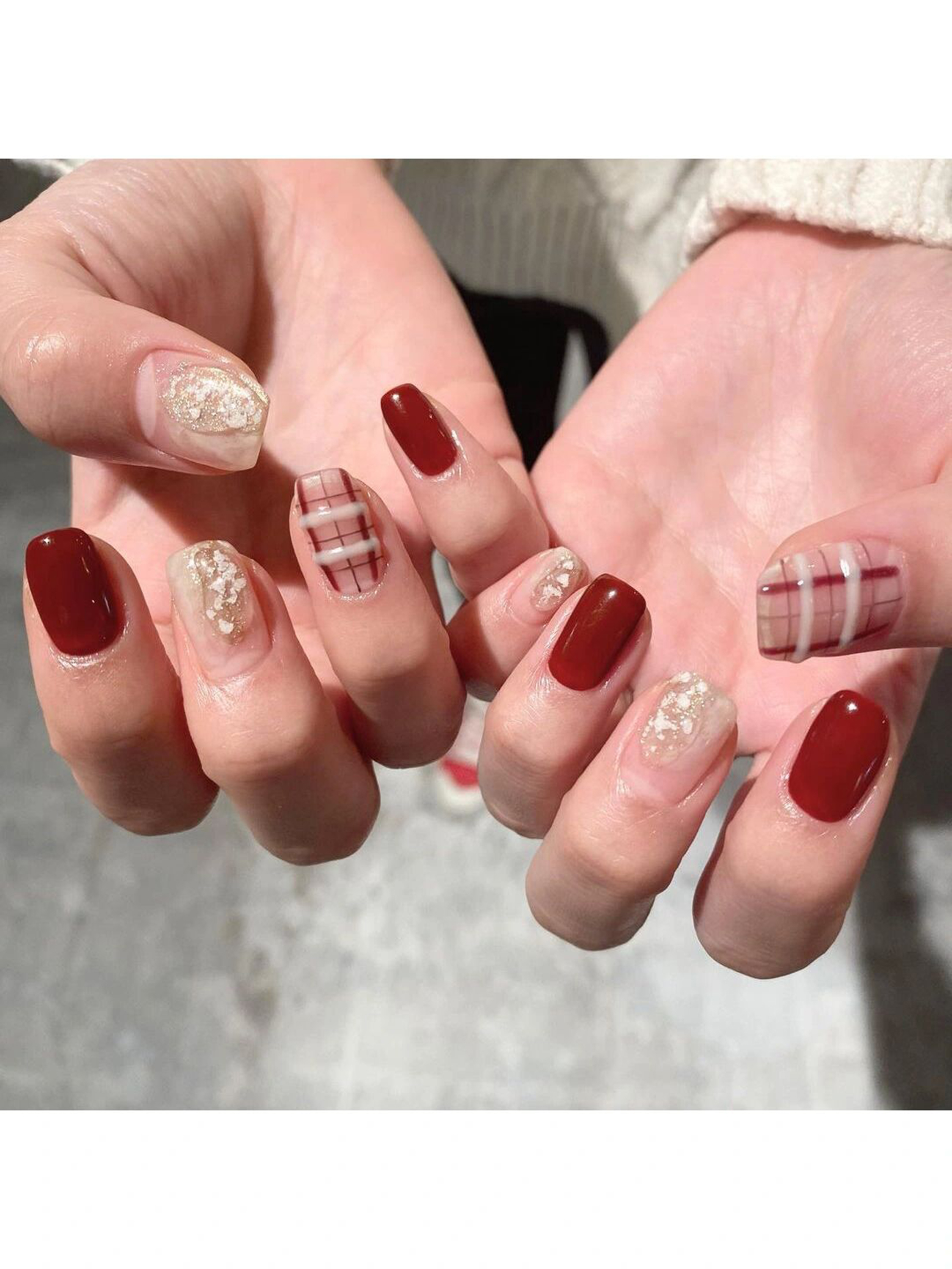 Gold and Burgundy Checkerboard Square Nails shown as a nail art design with gold, burgundy, elegant, checkerboard, square and medium details.
