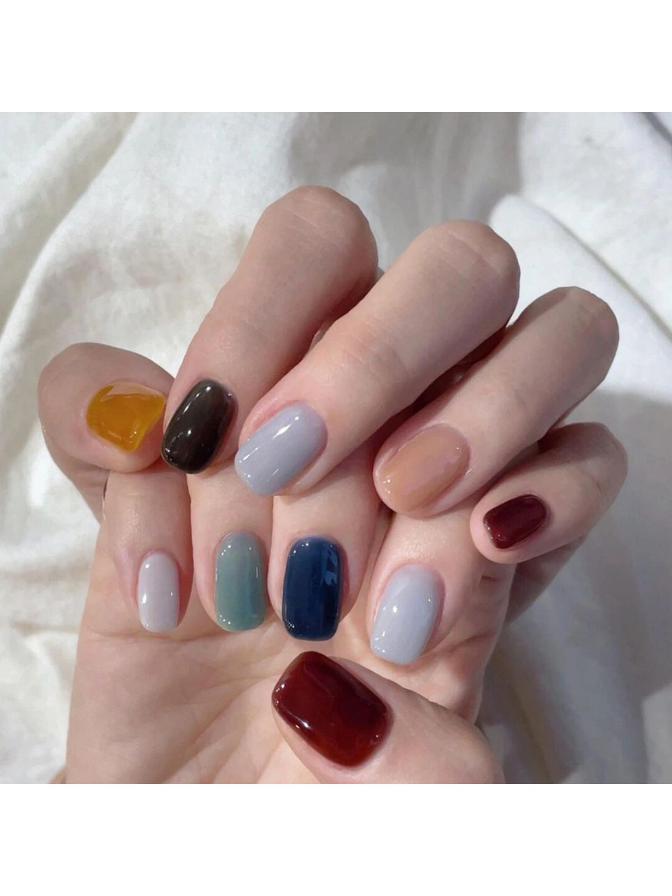 Burgundy, Dark Red and Yellow Short Square Nails shown as a nail art design with burgundy, dark red, yellow, gel, square and short details.