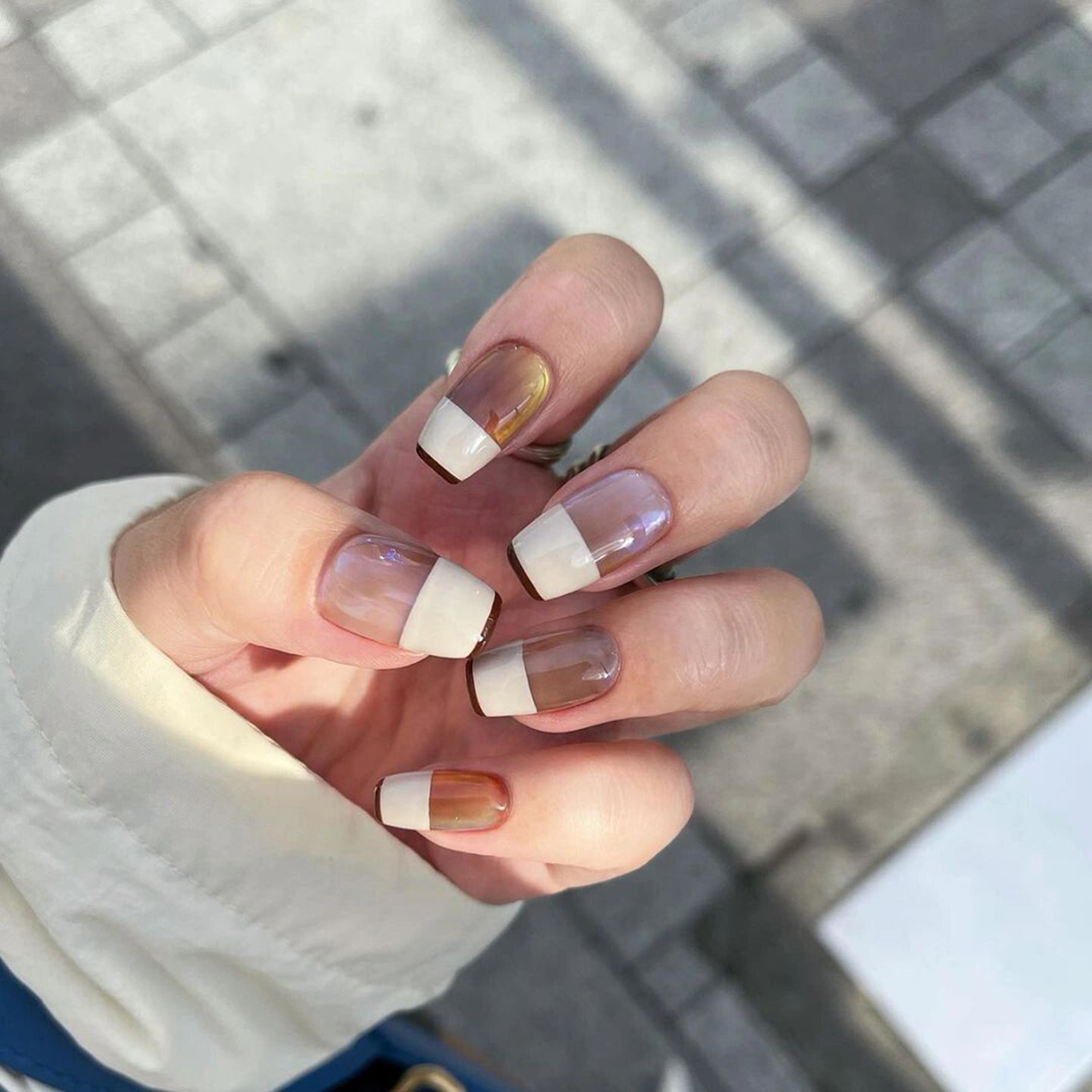 White French Tip Square Nails shown as a nail art design with white, french, elegant, square and medium details.
