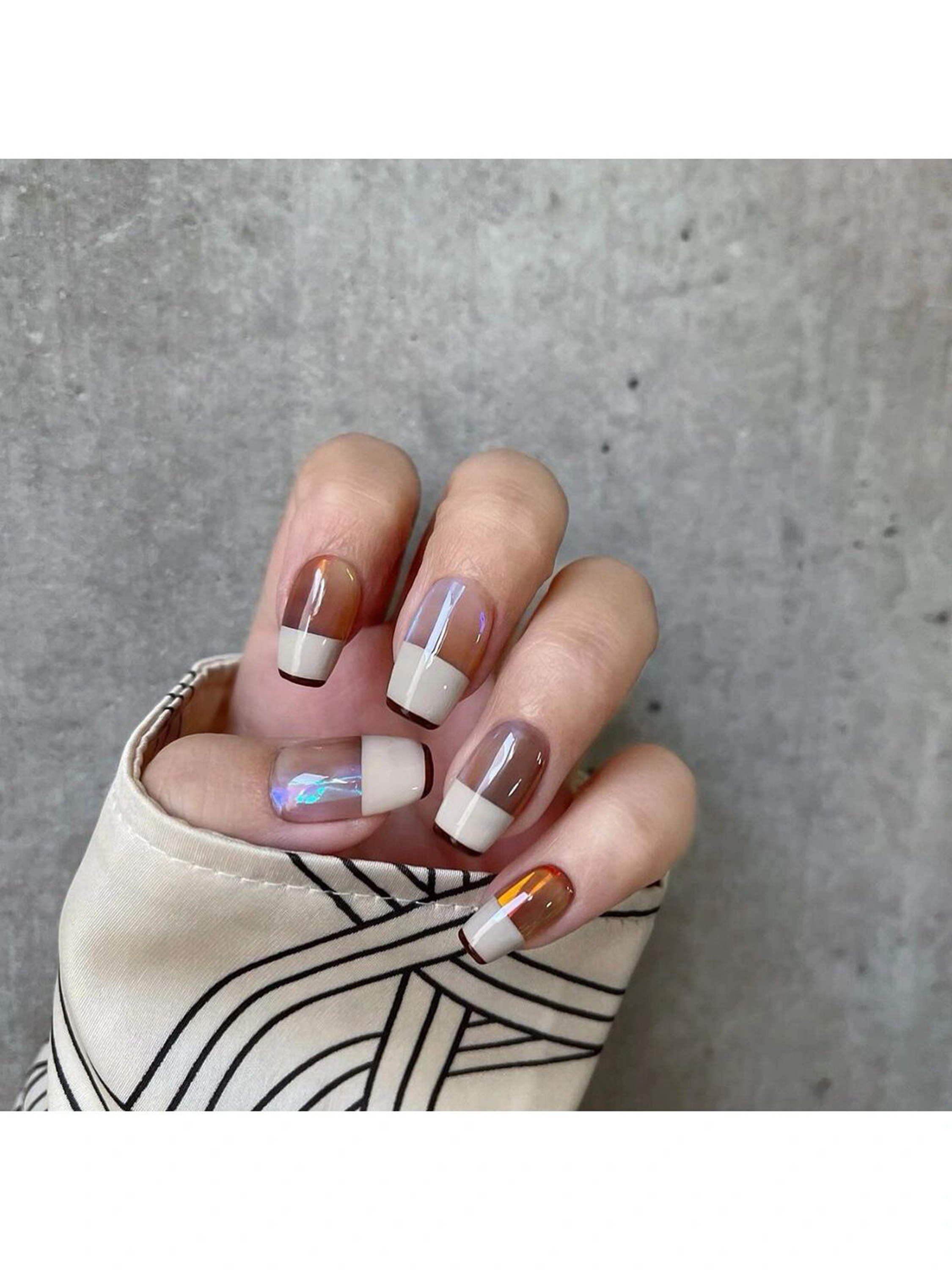 Brown and Beige French Tip Square Nails shown as a nail art design with brown, beige, french, elegant, square and medium details.
