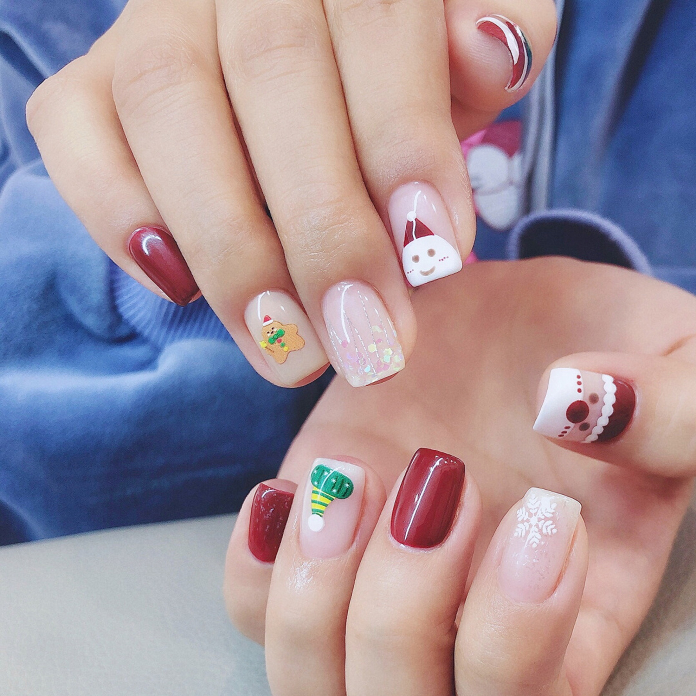Red, White and Nude Heart Square Nails shown as a nail art design with red, white, nude, cute, heart, star, square and medium details.