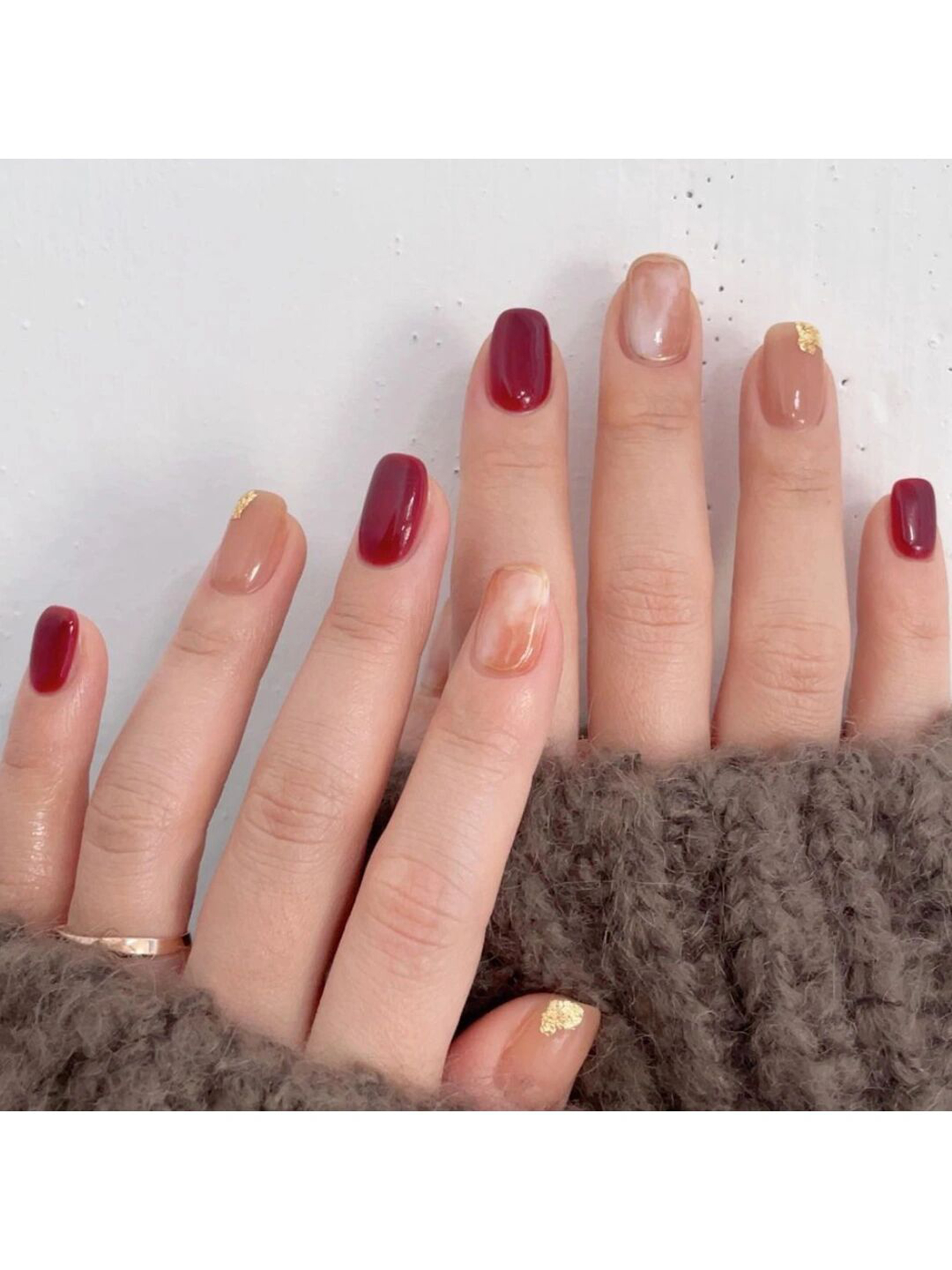 Burgundy, Nude and Gold Elegant Square Nails shown as a nail art design with burgundy, nude, gold, elegant, square and medium details.